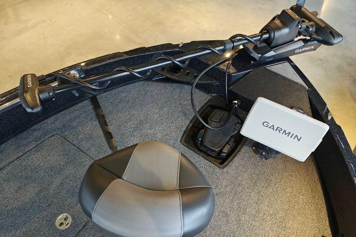 Interior of 2026 Nitro ZV21 boat with Garmin navigation system and seating.