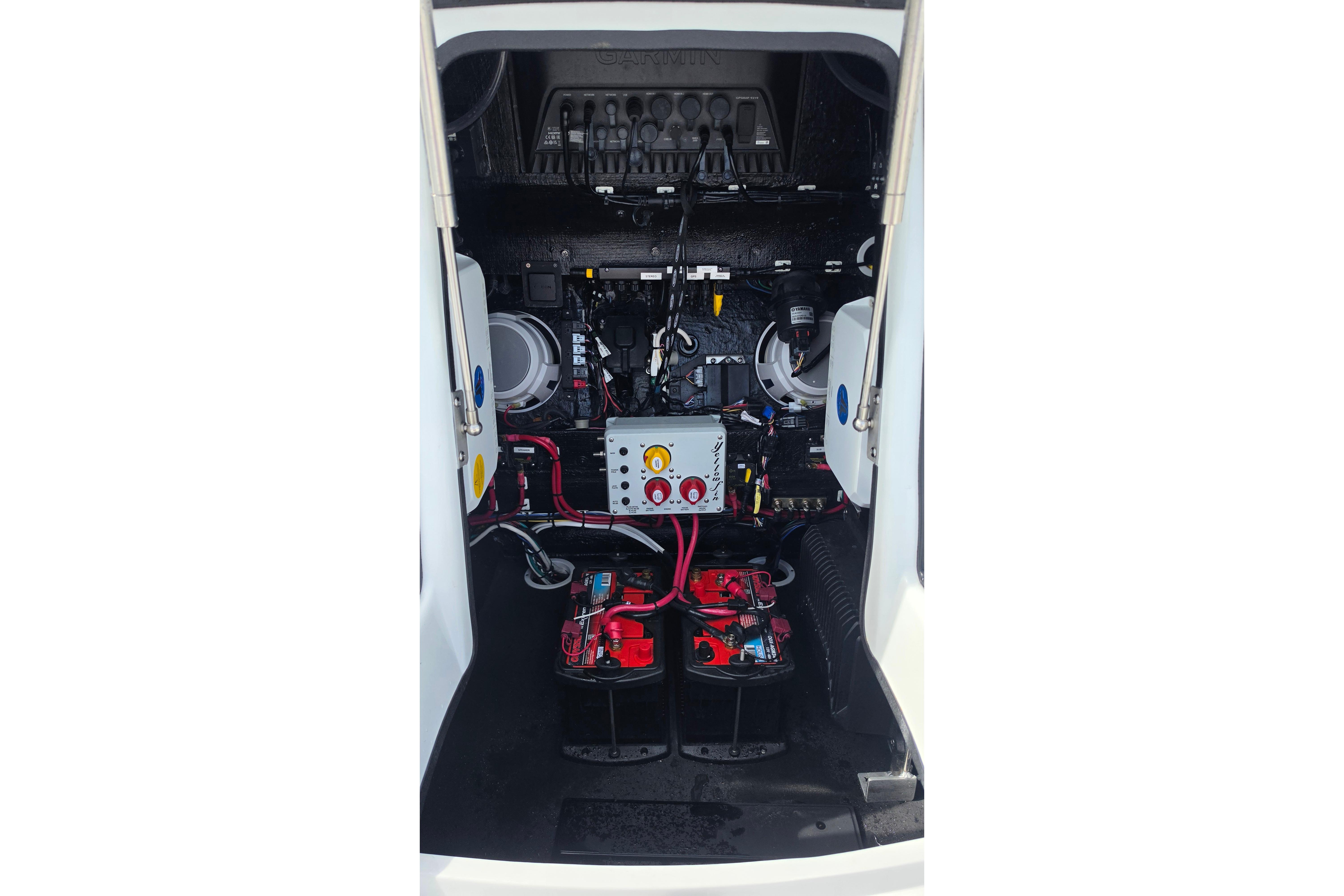 2026 Yellowfin 24 Bay CE boat electrical system with batteries and wiring.