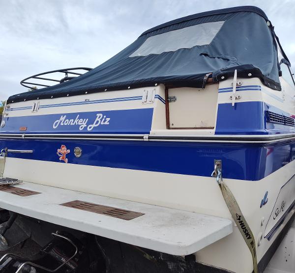 1988 Sea Ray 268 DA boat named "Monkey Biz" with blue and white exterior.