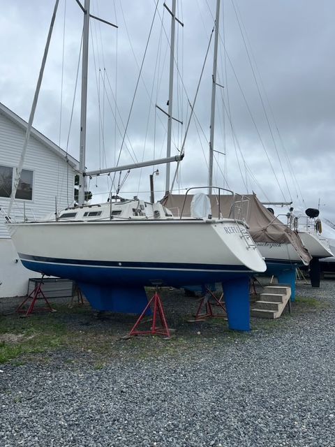 A 1988 Pearson 28 sailboat is on a dry dock, supported by blue stands.