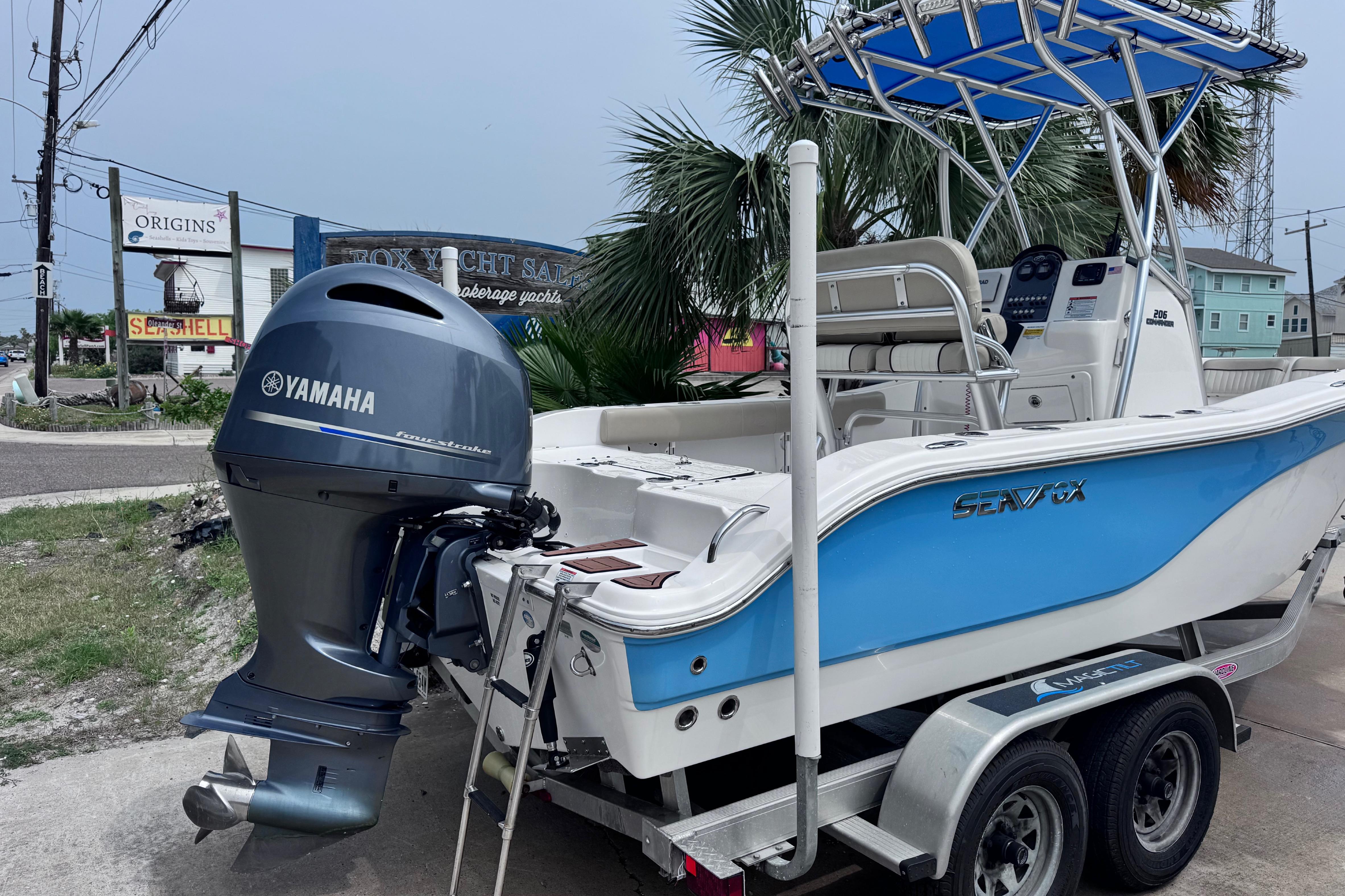 2018 Sea Fox 206 Commander boat with Yamaha engine on trailer, parked near yacht sales.