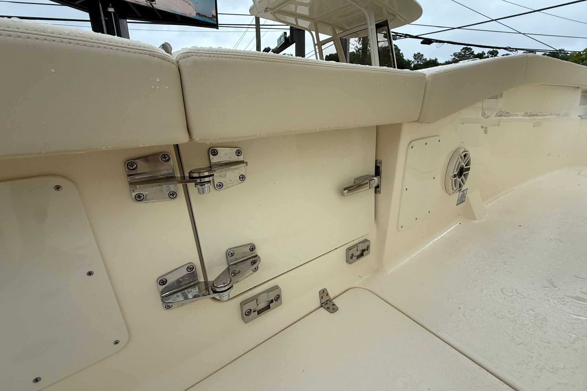 2026 Scout 260 LXF boat interior with cushioned seating and stainless steel hardware.
