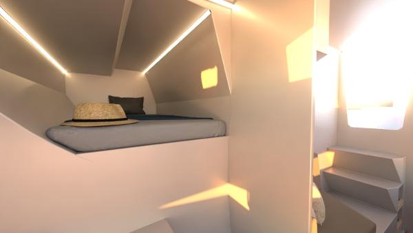 2024 Catamaran Cruisers Power Cat interior cabin with bed and modern lighting.