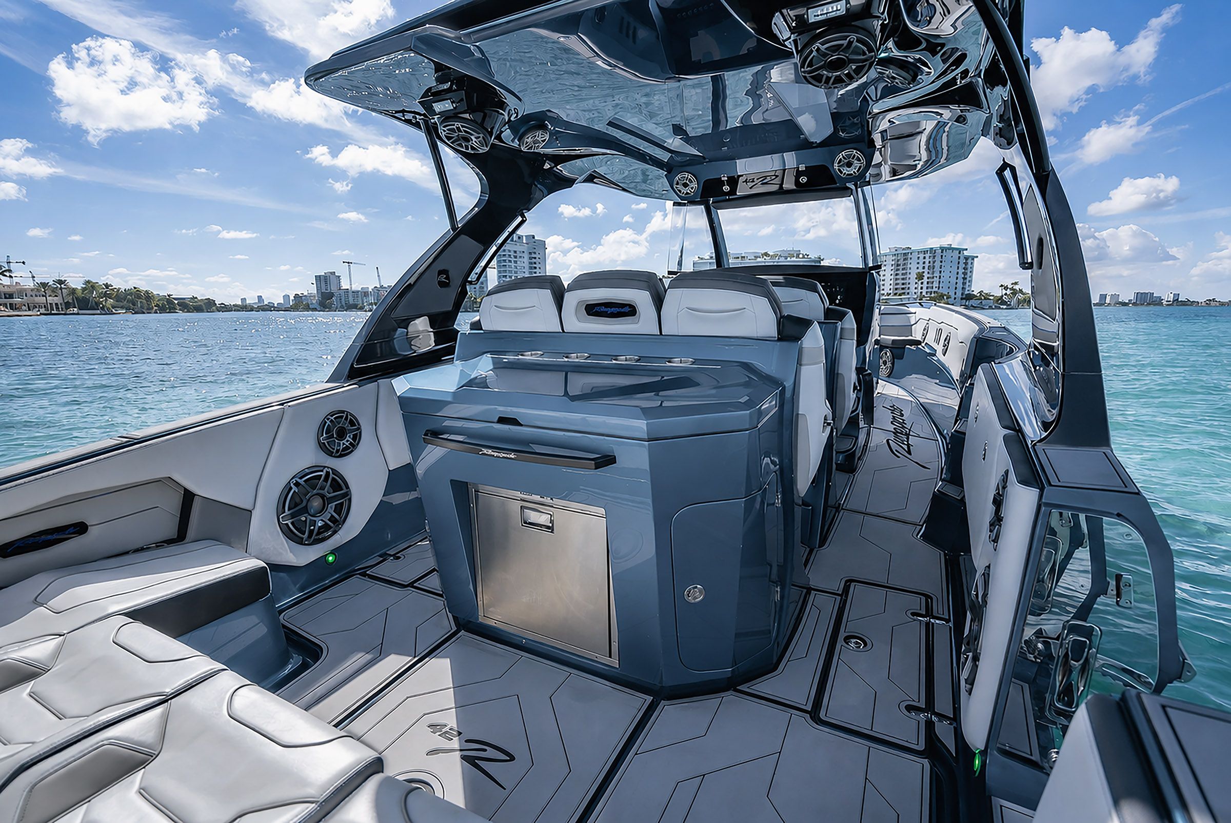 Interior of Renegade Open 42 yacht, 2027 model, on open water.
