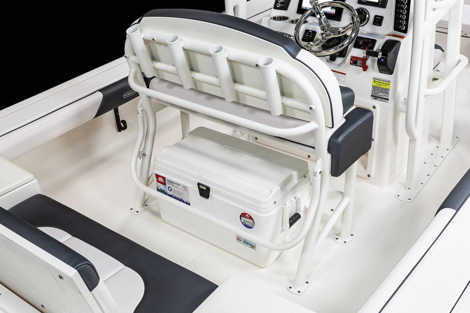 Manufacturer Provided Image: 2020 Robalo 246 Cayman SD boat interior with seating and cooler.