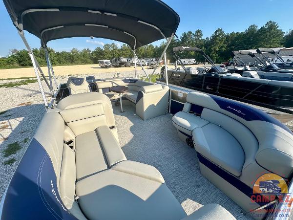 2025 South Bay 224FCR LE pontoon boat with spacious seating and canopy.