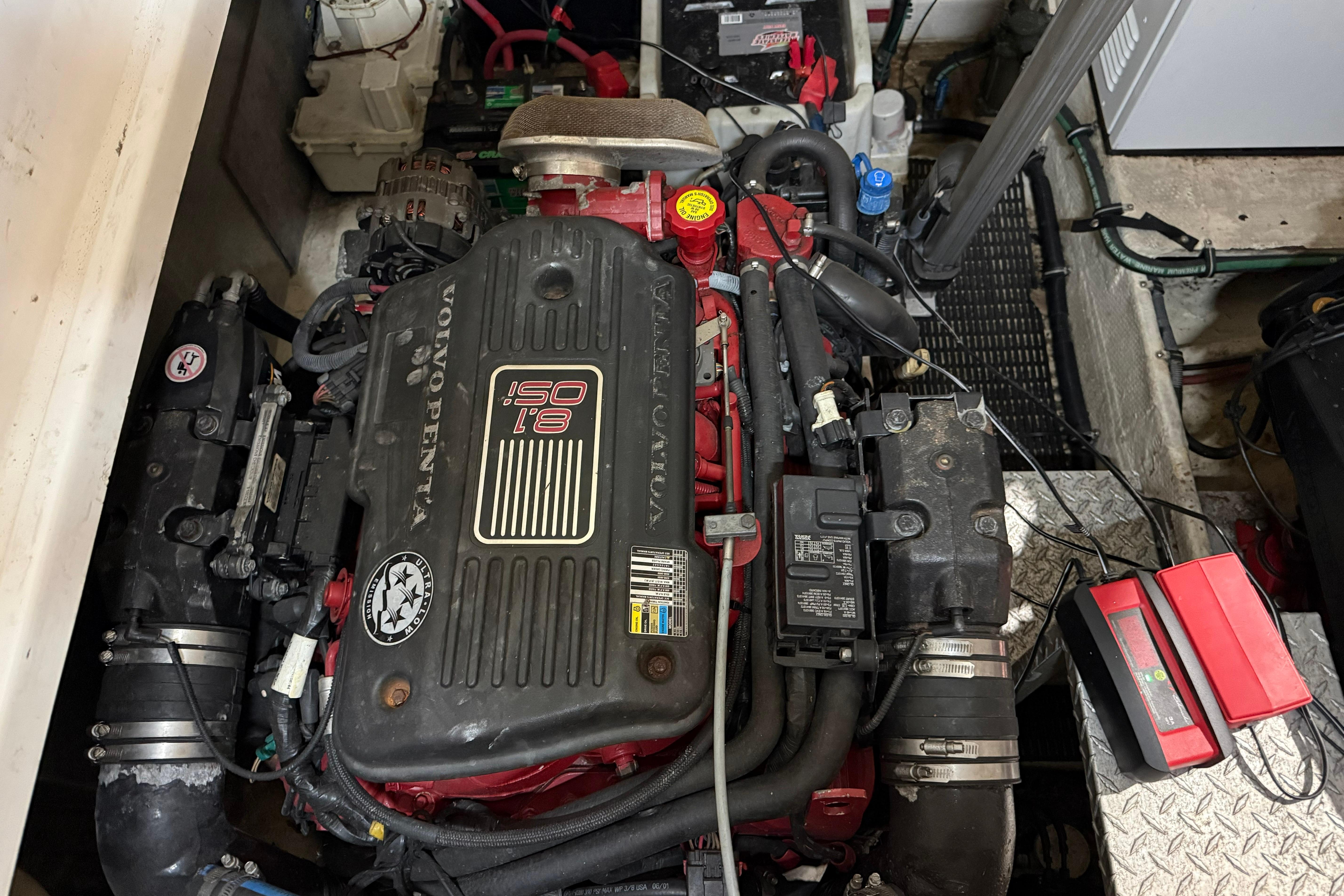 Engine compartment of a 2007 Regal Commodore 3760 IO boat, featuring a Volvo Penta engine.