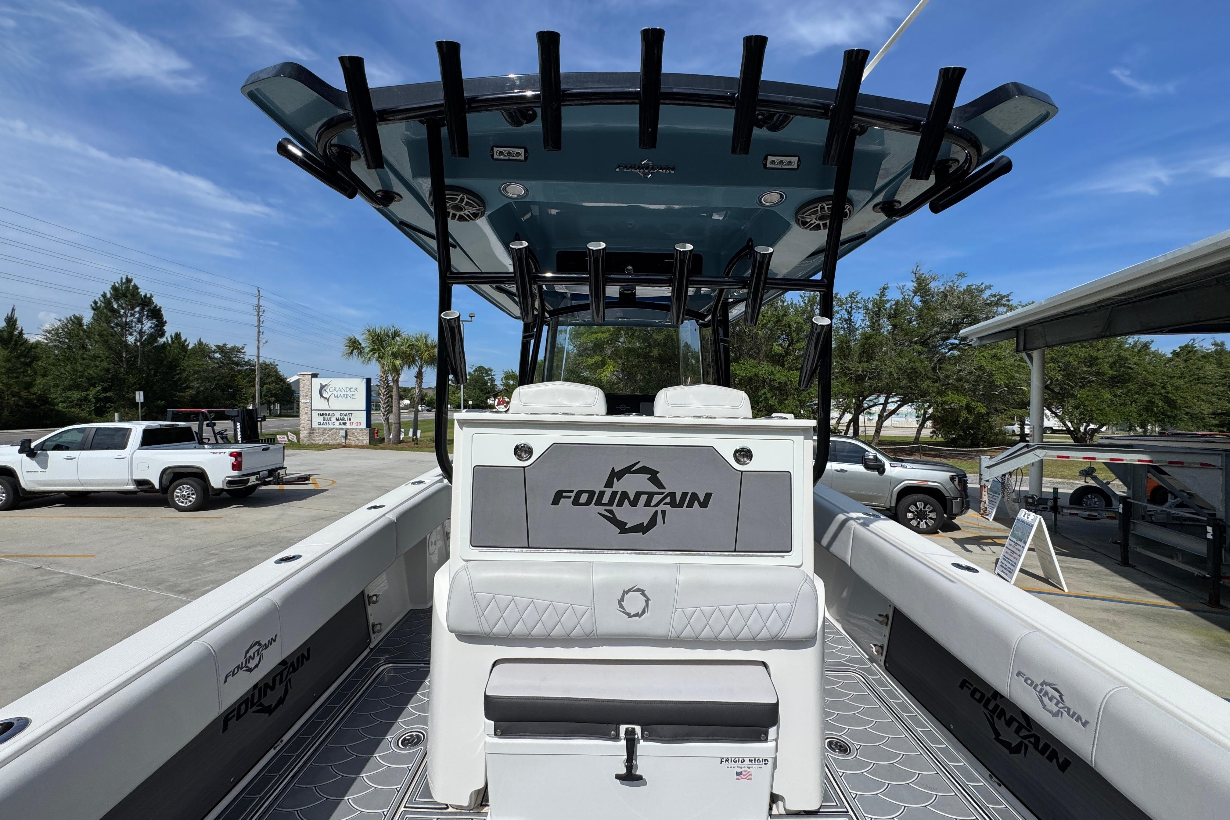 2023 Fountain 34 Tournament Edition boat with sleek design and spacious deck.