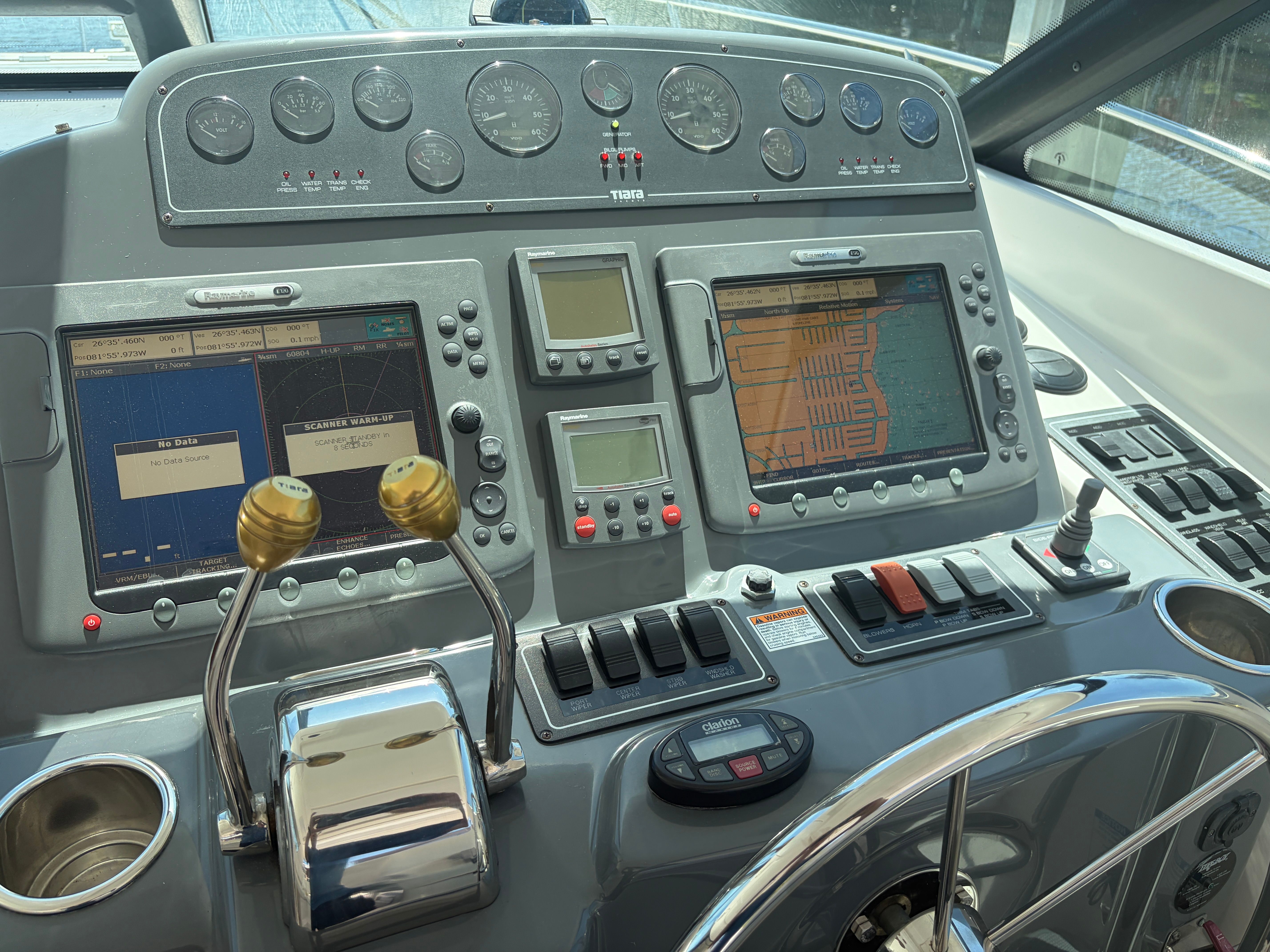 Dashboard of a 2005 Tiara Yachts Sovran with navigation systems.