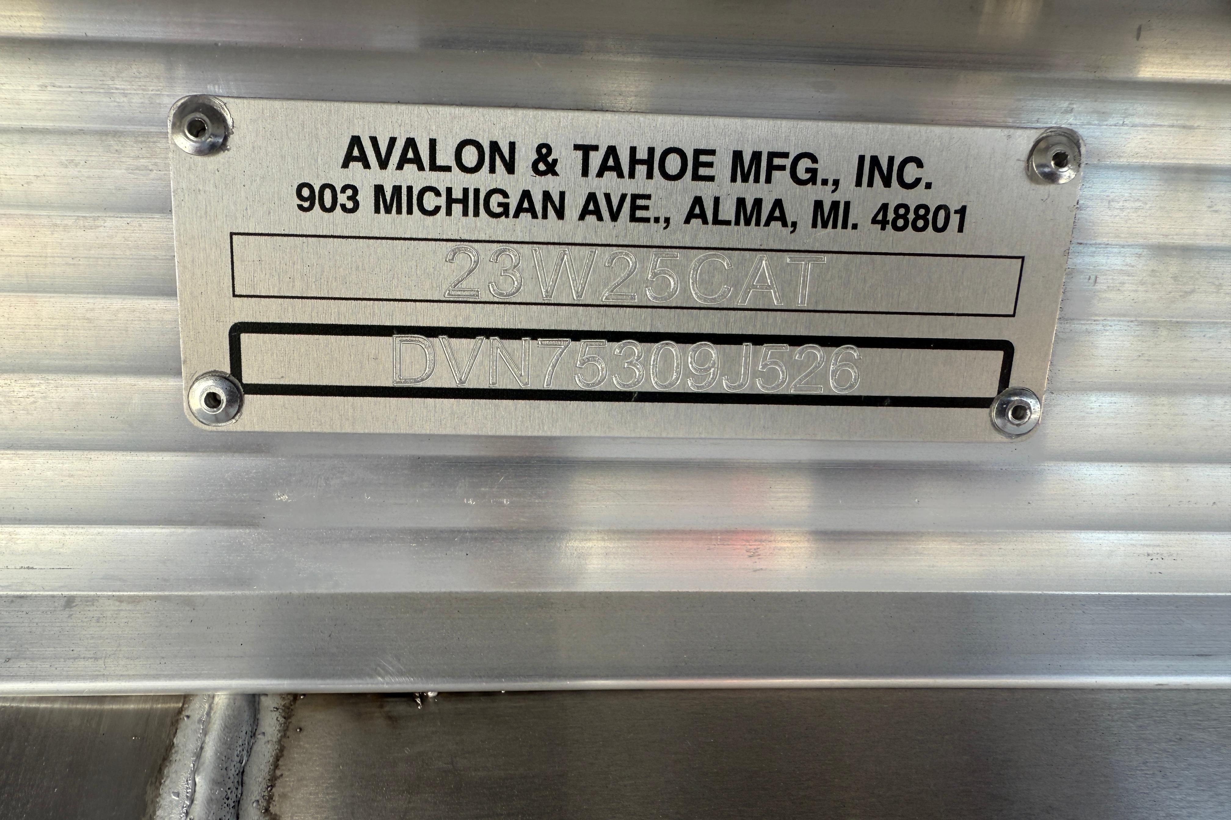 Metal identification plate for Avalon 2385 Catalina Quad Lounger, Tri Toon High Performance, 2026 model.