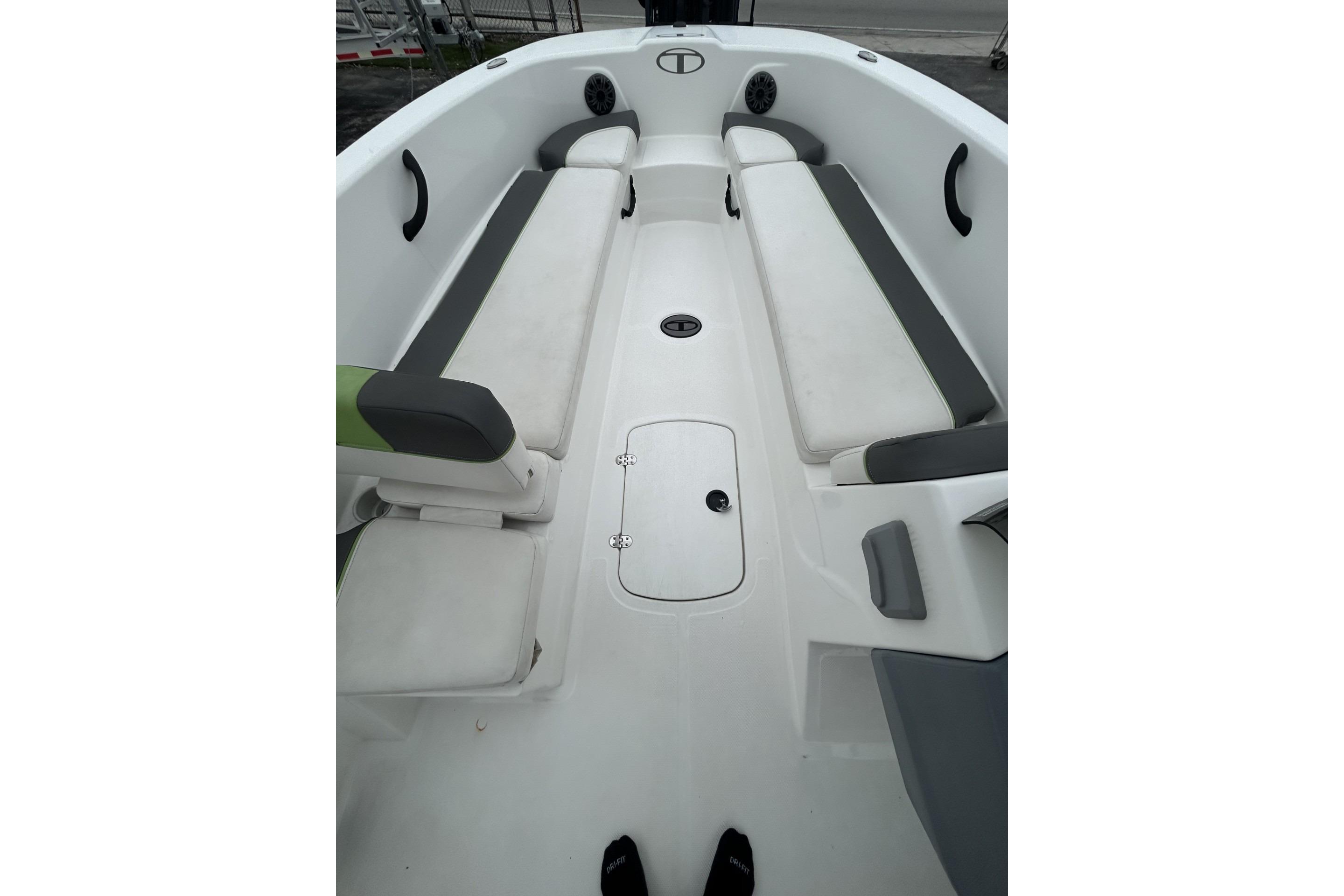 2022 Tahoe T18 boat interior with white and gray seating, spacious layout.
