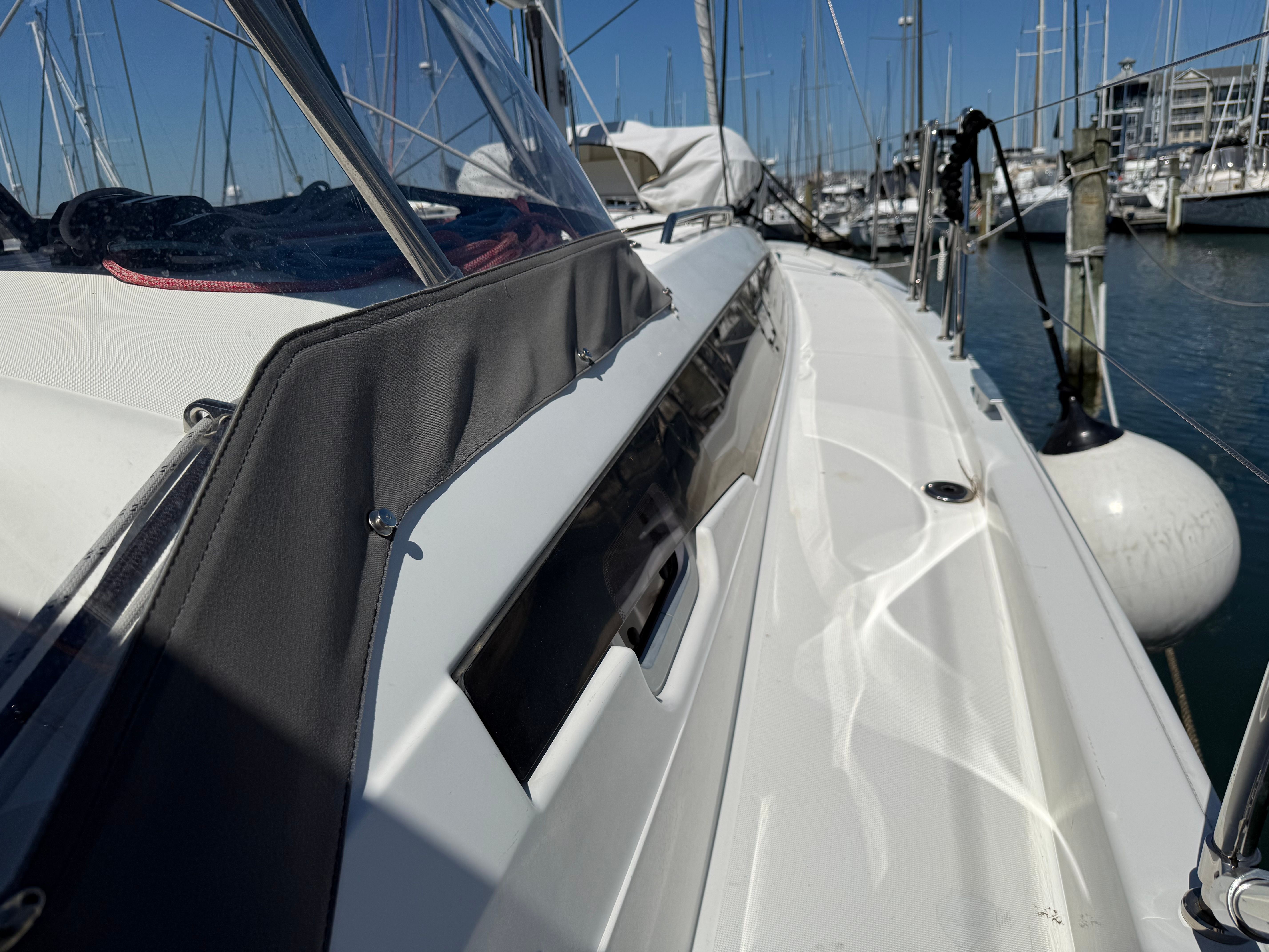Jeanneau Sun Odyssey 410 sailboat in harbor, year 2023.