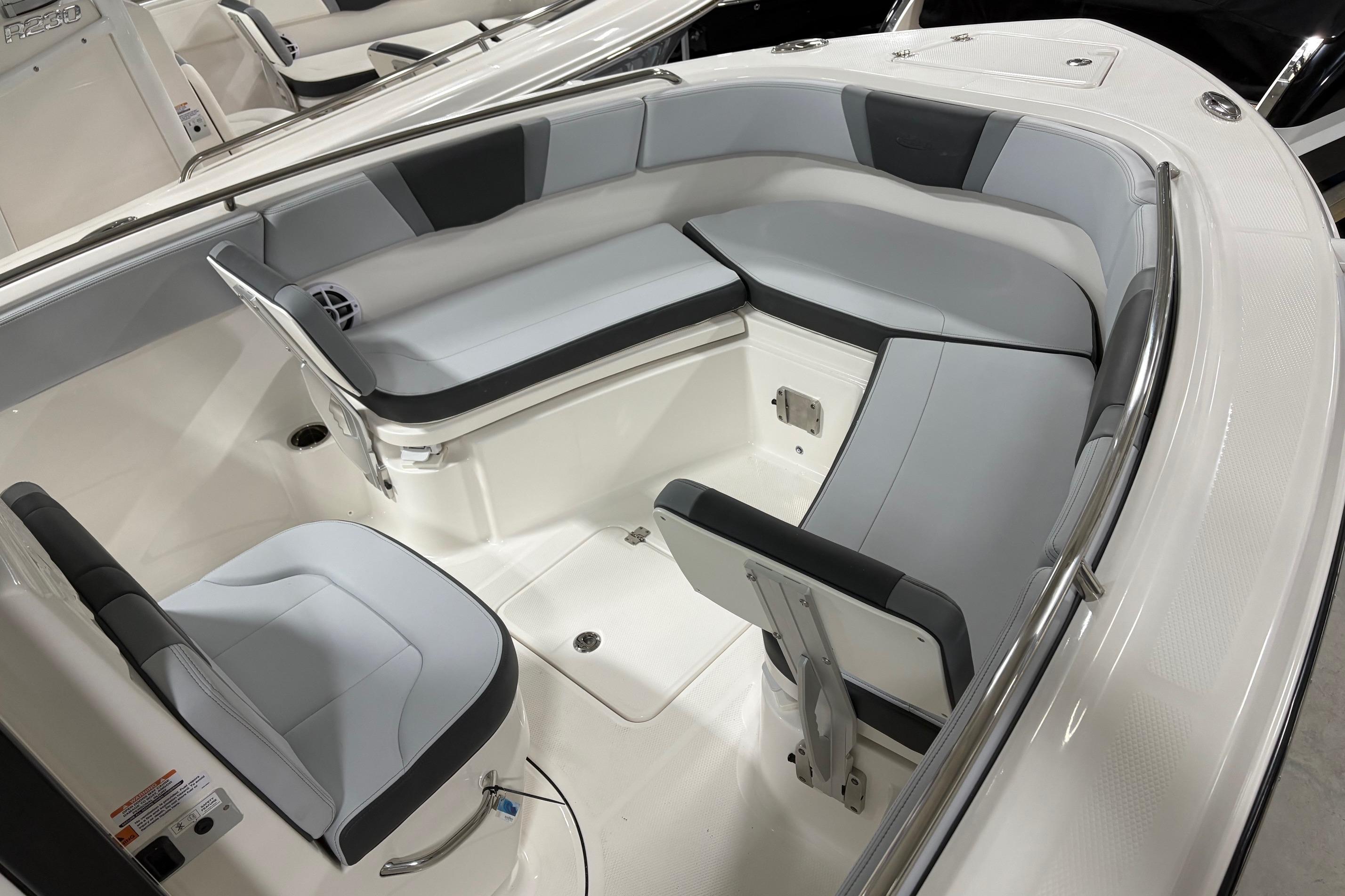2025 Robalo R232 Explorer boat interior with sleek seating and modern design.