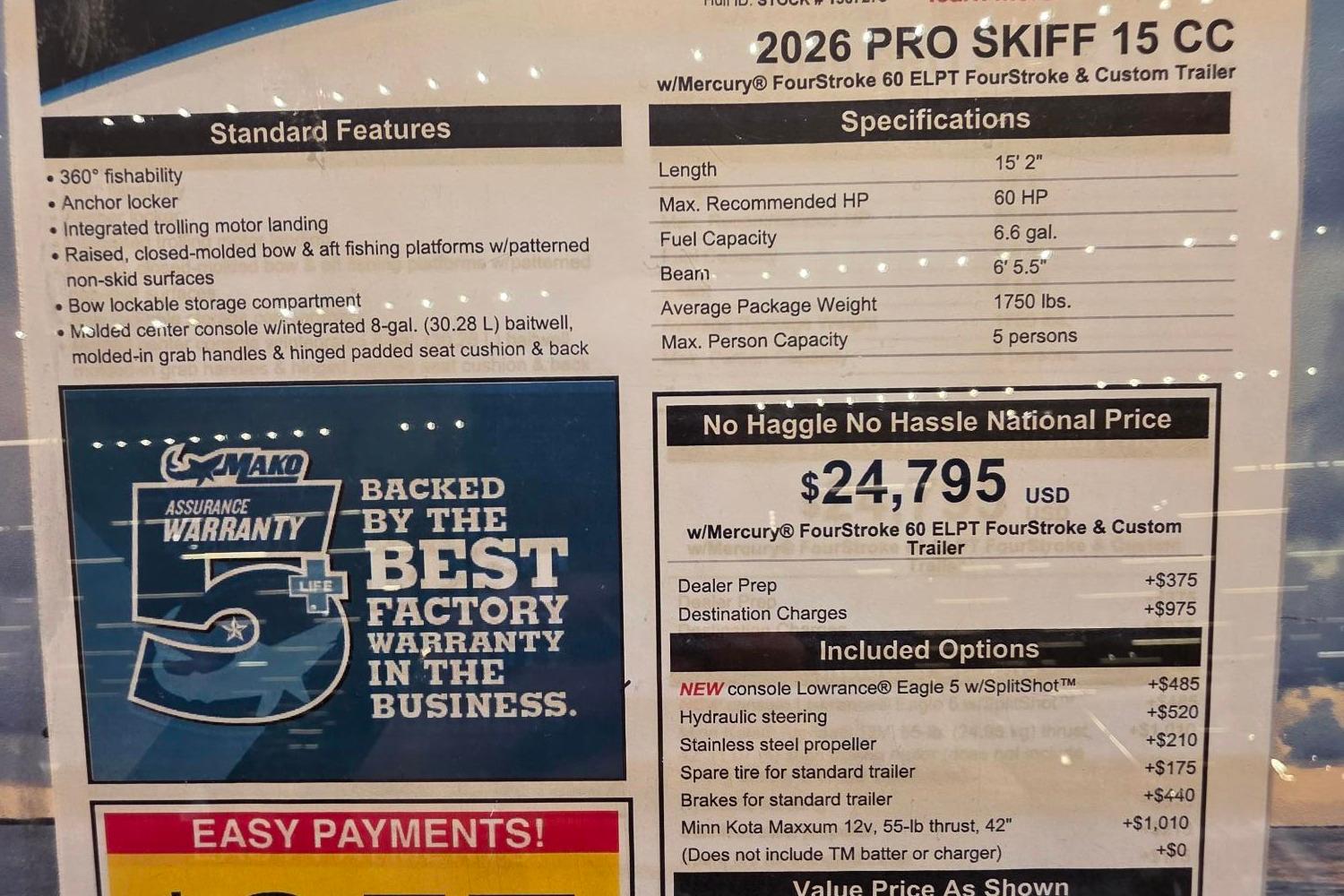 2026 Mako Pro Skiff 15 CC boat features, pricing, and warranty details displayed.