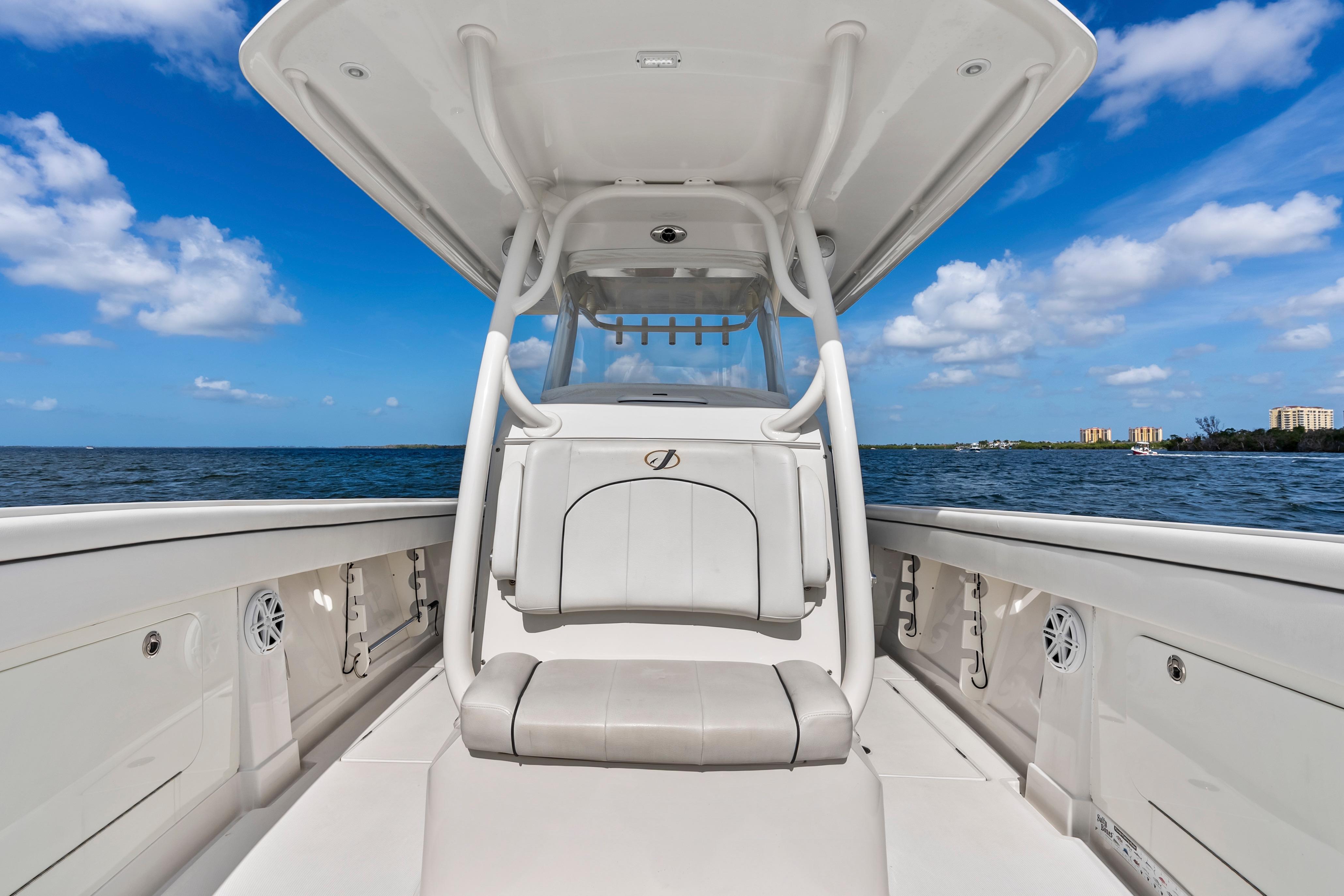 2015 Jupiter 34 HFS boat interior with ocean view and blue sky.