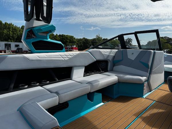 2022 Nautique S23 boat interior with modern seating and sleek design.