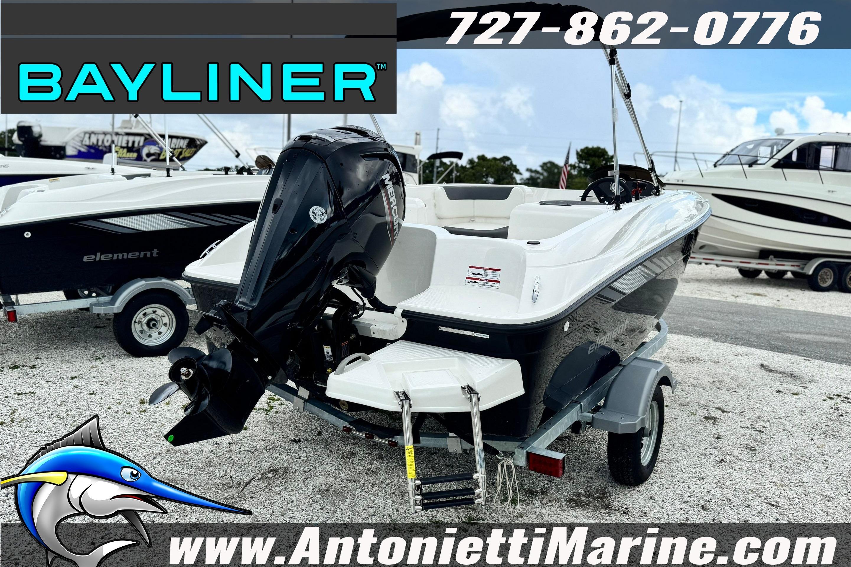 2026 Bayliner Element E16 boat on trailer at Antonietti Marine dealership.