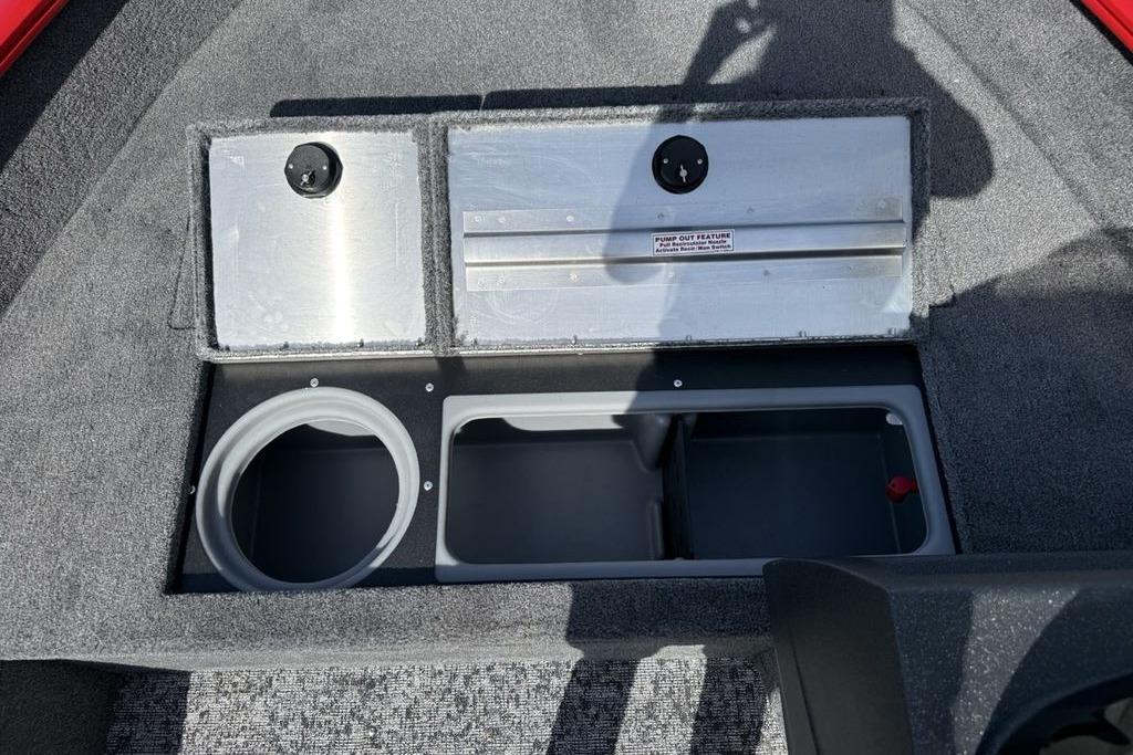 2026 Tracker Pro Guide V-16 SC boat storage compartments with pump-out feature.