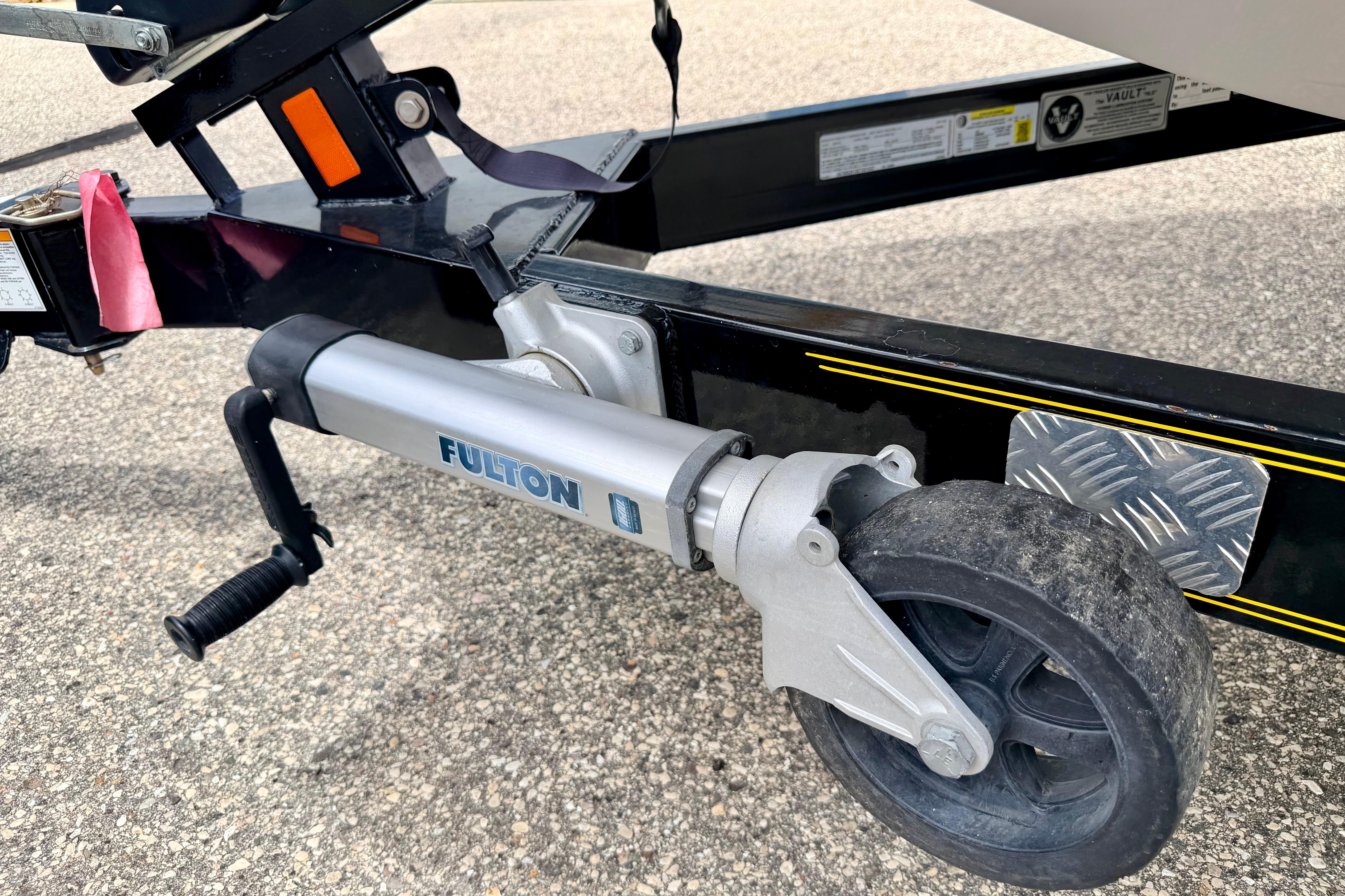 Trailer jack wheel on a 2014 Tigé R20 boat trailer, featuring a Fulton brand jack.