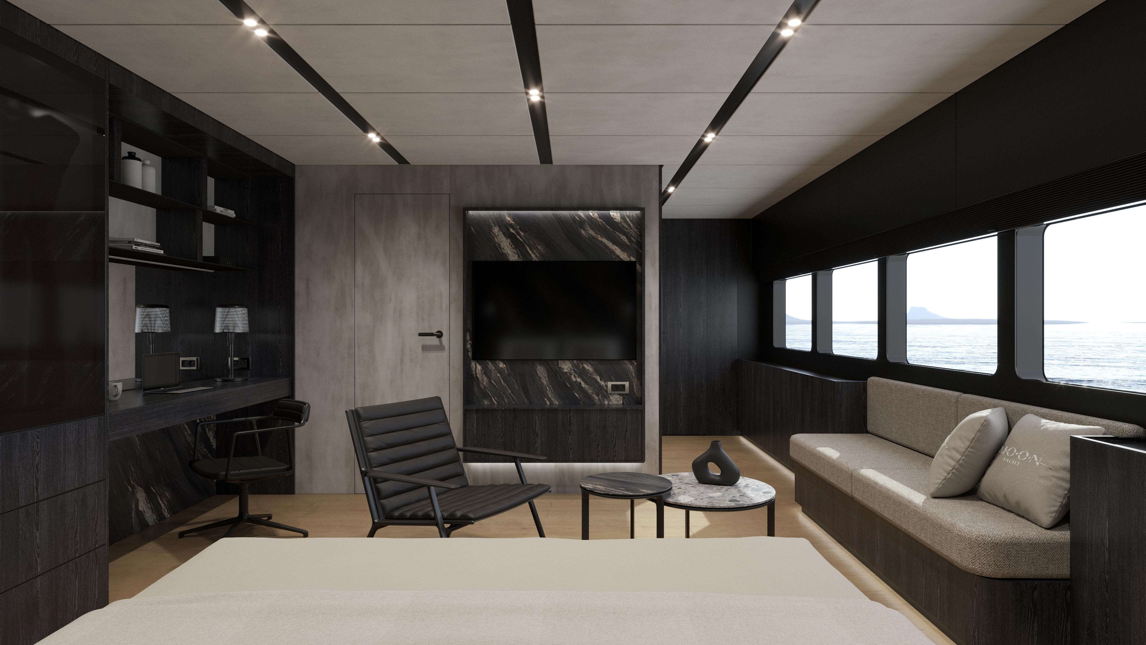 Luxurious yacht interior with modern design, featuring sleek furniture and large windows overlooking the sea.
