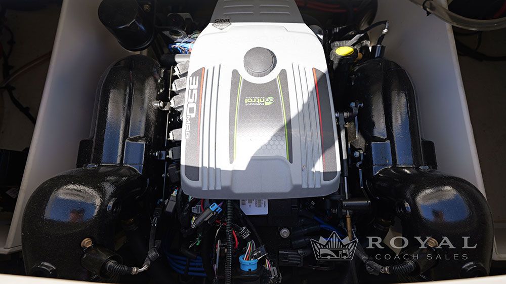 Engine compartment of a 2014 Sea Ray SLX 230 with a 350 HP engine.