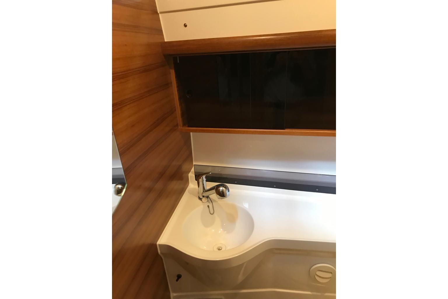 Compact bathroom sink in 2018 Dragonfly DF 32 SUPREME with wood paneling.