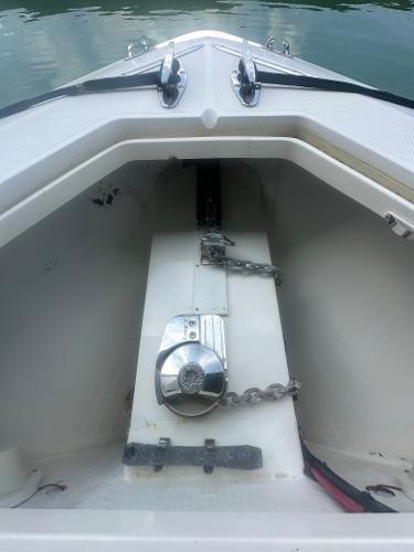 2008 SeaVee 390B boat anchor compartment with chain and winch.