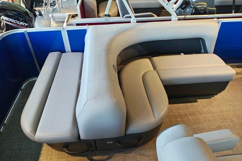 2026 Sun Tracker Party Barge 18 DLX interior with plush seating and modern design.
