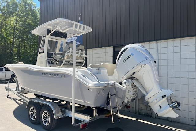 2026 Key West 239 FS boat on trailer with Yamaha engine, parked outdoors.