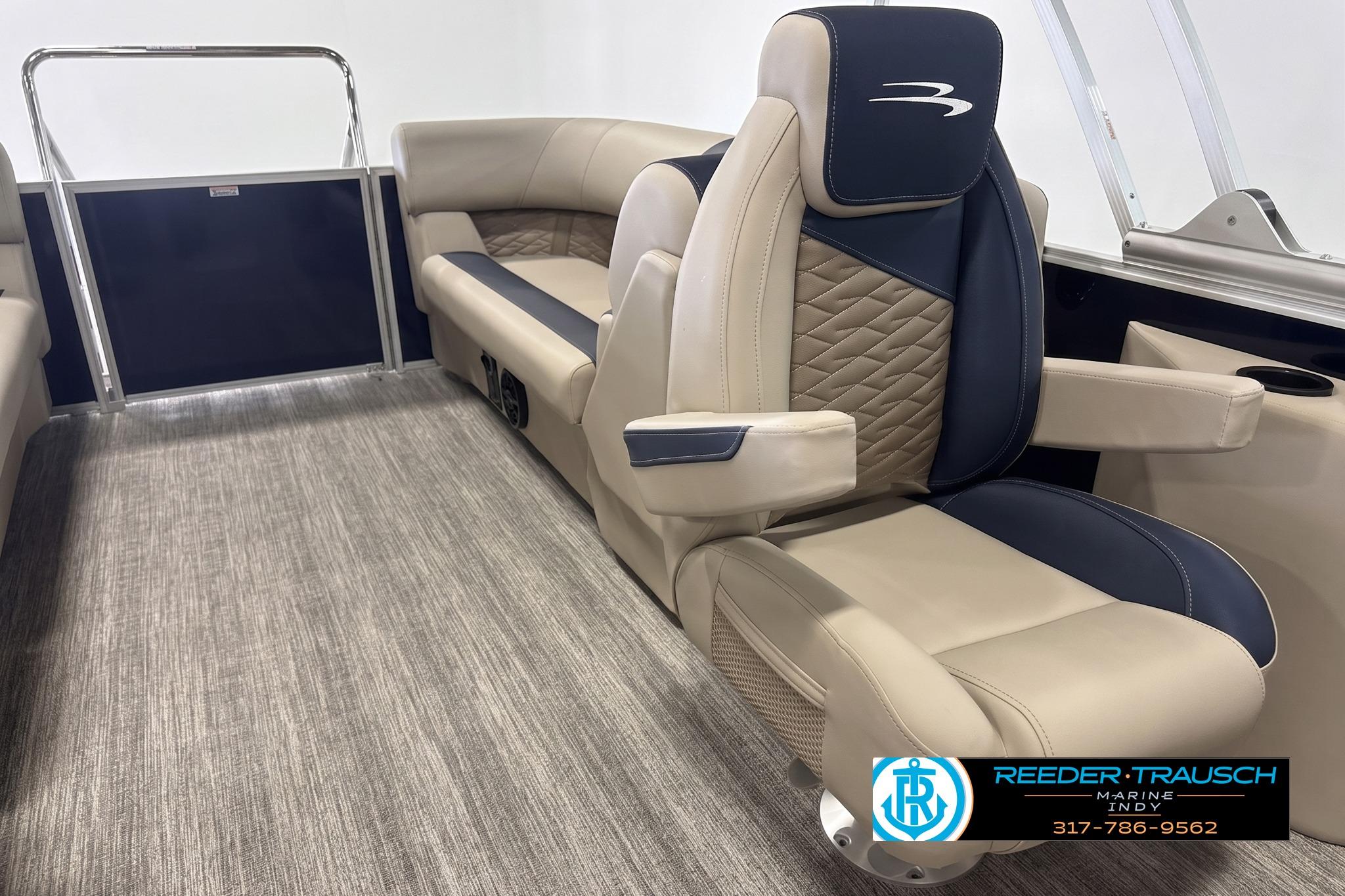 Luxurious interior of 2027 Bennington 22 SSR pontoon boat with plush seating.