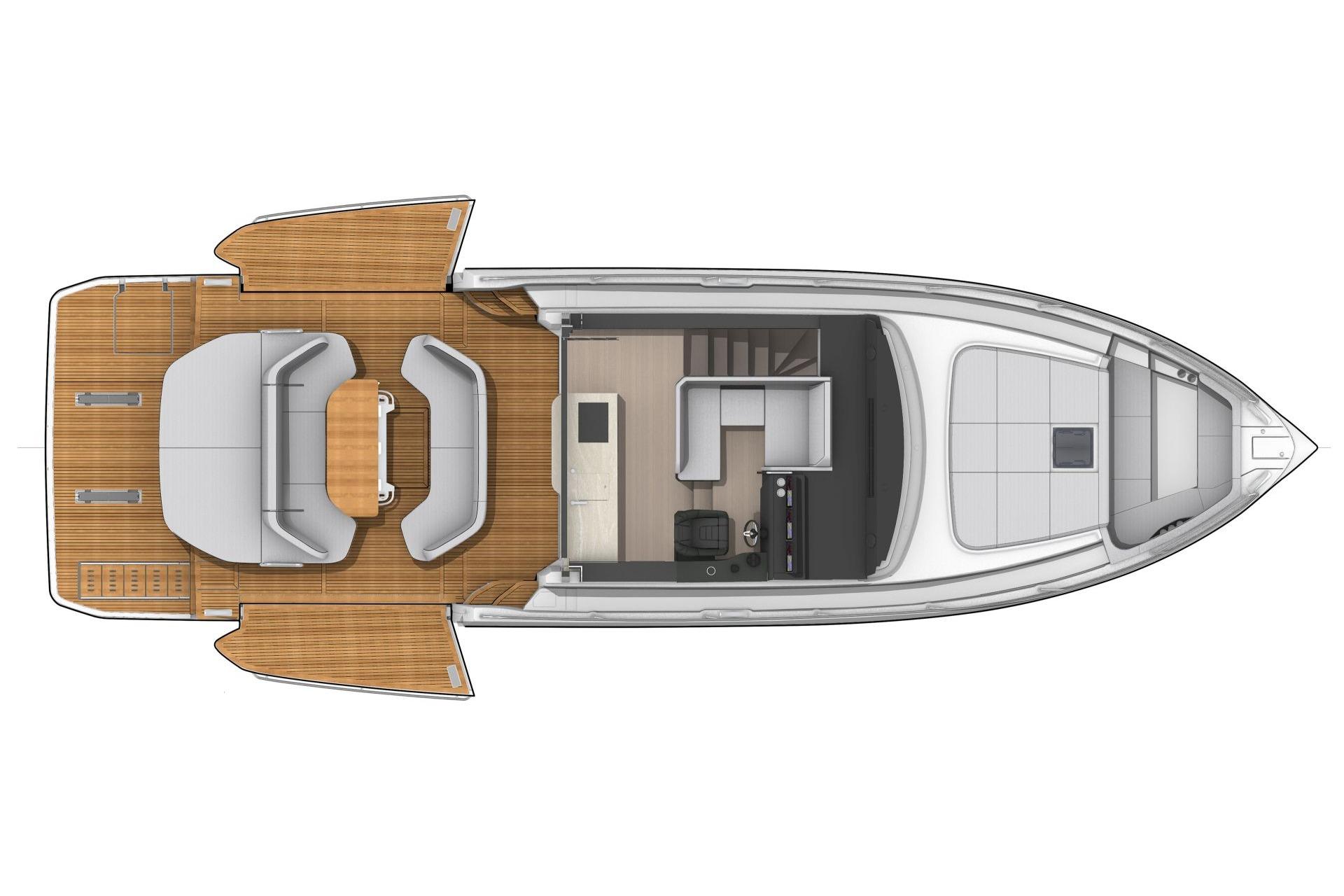 Top view layout of 2026 Beneteau Gran Turismo 50 yacht, featuring spacious deck and interior.