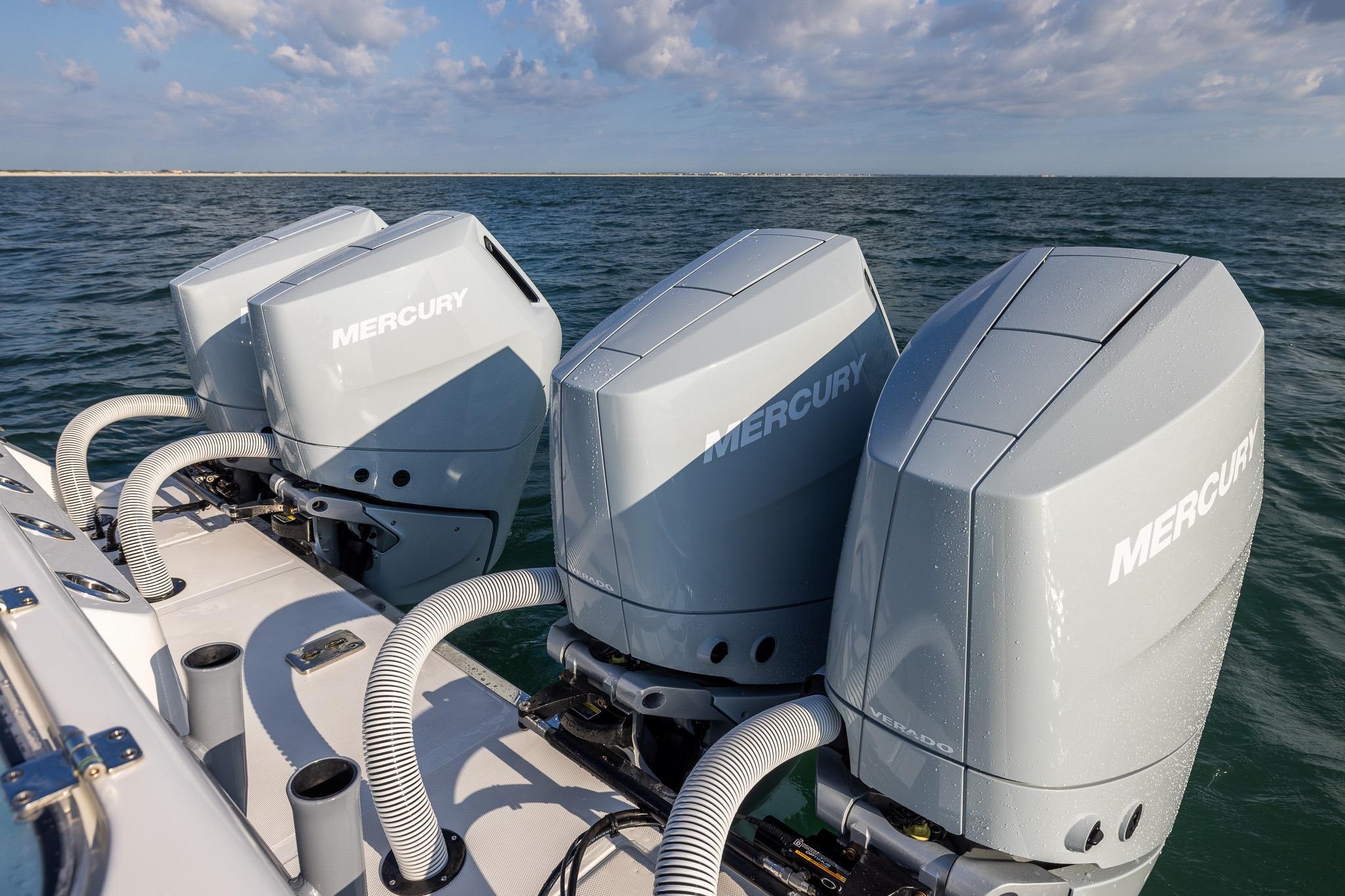 Four Mercury outboard engines on a 2026 Front Runner 37 Catamaran in open water.