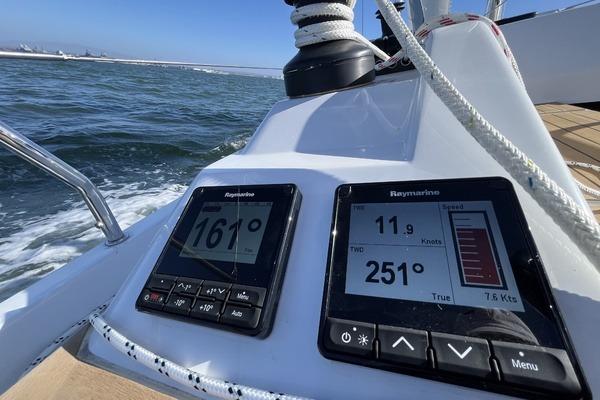Sailing instruments on a 2025 Hanse 360 yacht, displaying wind and navigation data.
