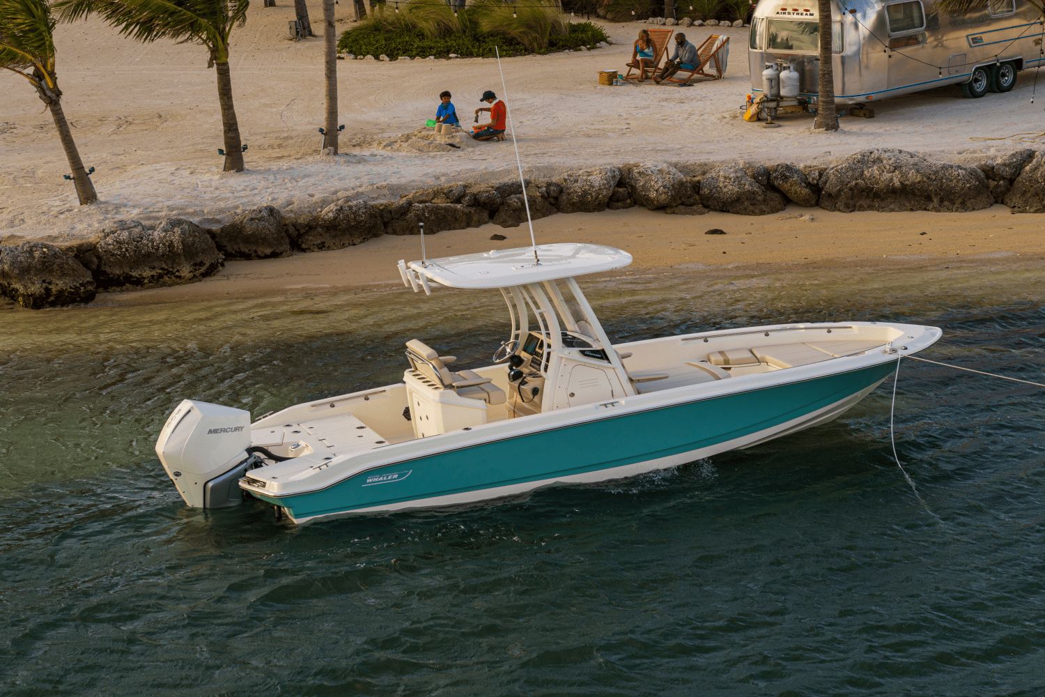 A 2027 Boston Whaler 25DA is in the water near a beach with palm trees.