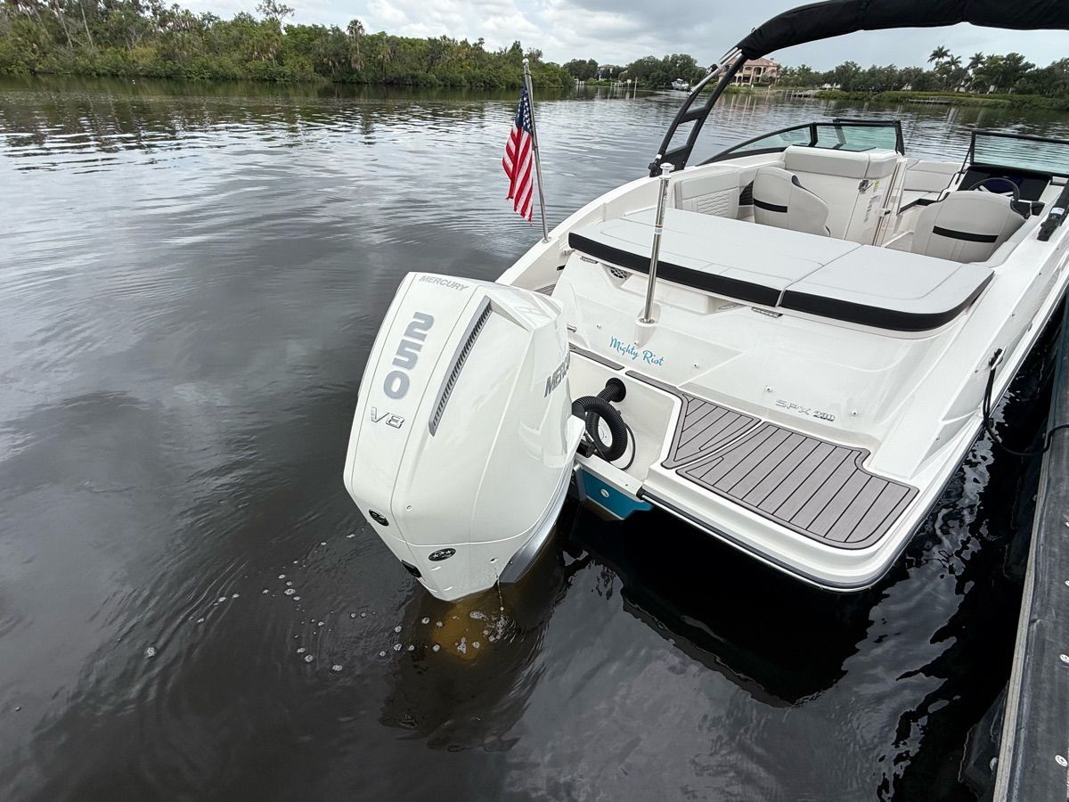 A 2024 Sea Ray SPX 230 Outboard on calm water. The outboard motor is prominently visible.