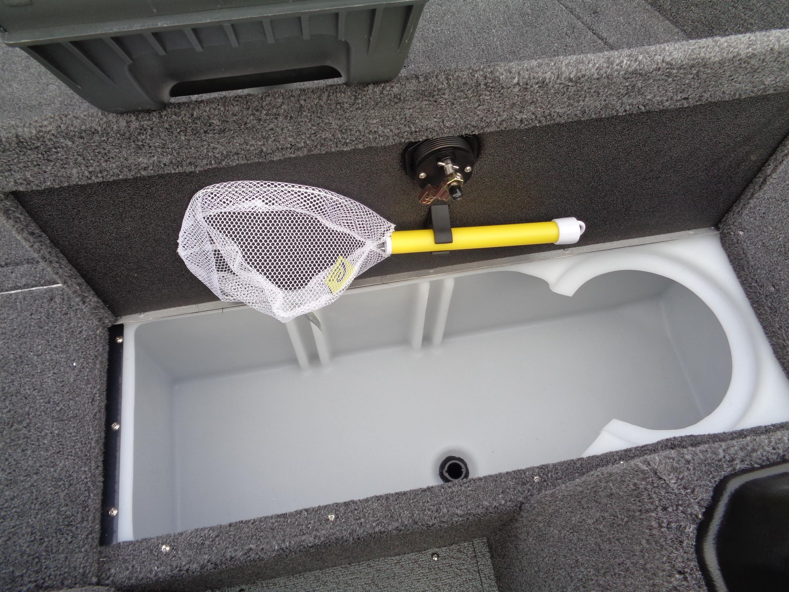 2024 Lund 1650 Rebel XL Sport livewell with net storage.