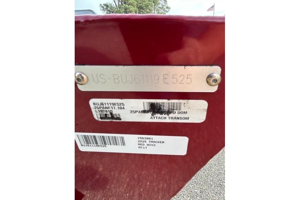 2025 Tracker Panfish 17 boat identification plate with serial numbers and labels.
