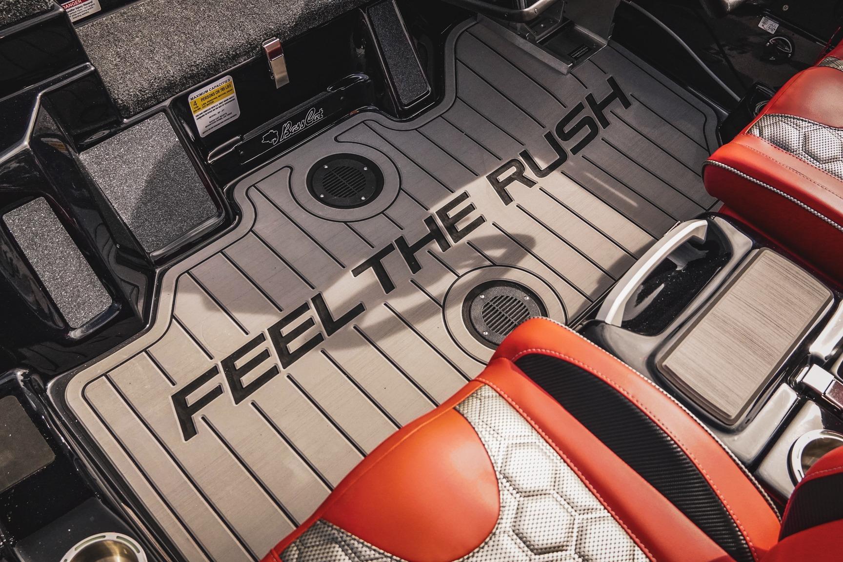 2026 Bass Cat Cougar FTD interior with "Feel the Rush" floor design.