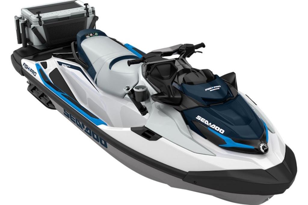 2026 Sea-Doo FishPro Sport 170 jet ski, white and blue, with fishing gear.