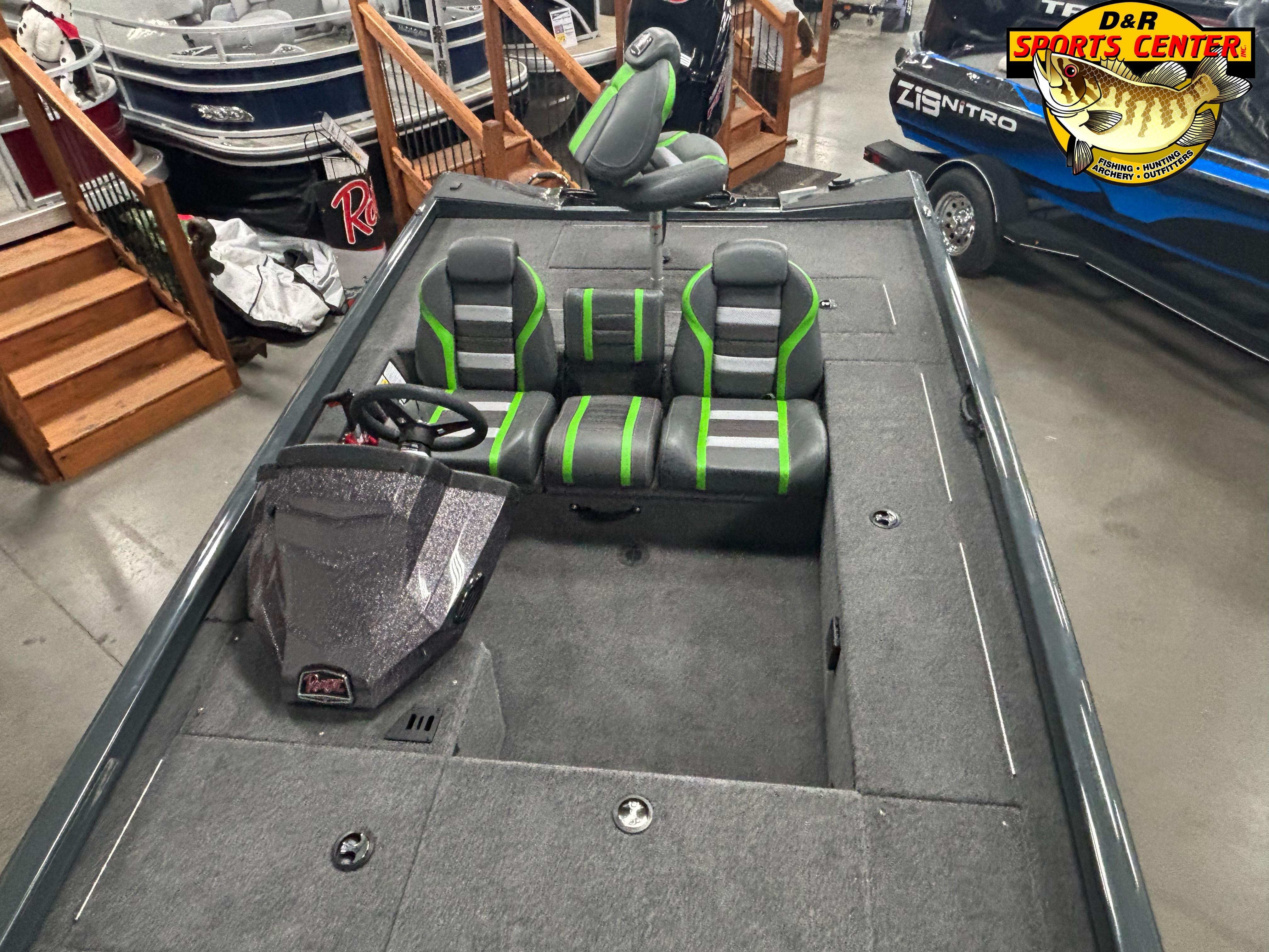 2025 Ranger RT188C boat interior with green-accented seats at D&R Sports Center showroom.