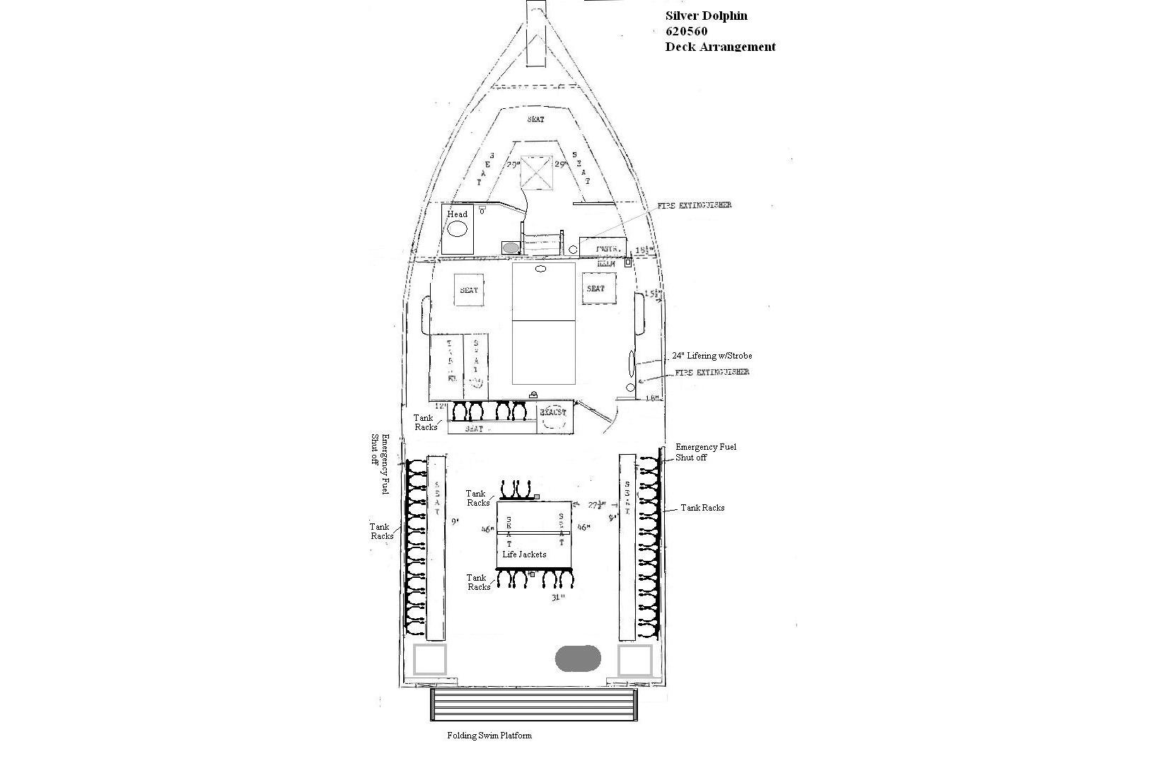 Deck layout of 1980 Thompson Passenger and Dive Trawler, featuring seating and tank racks.