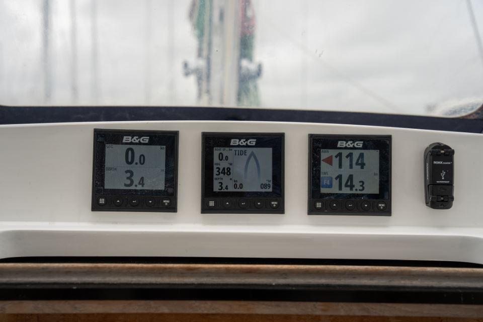 Digital navigation instruments on a 2019 Southerly 480 yacht dashboard.
