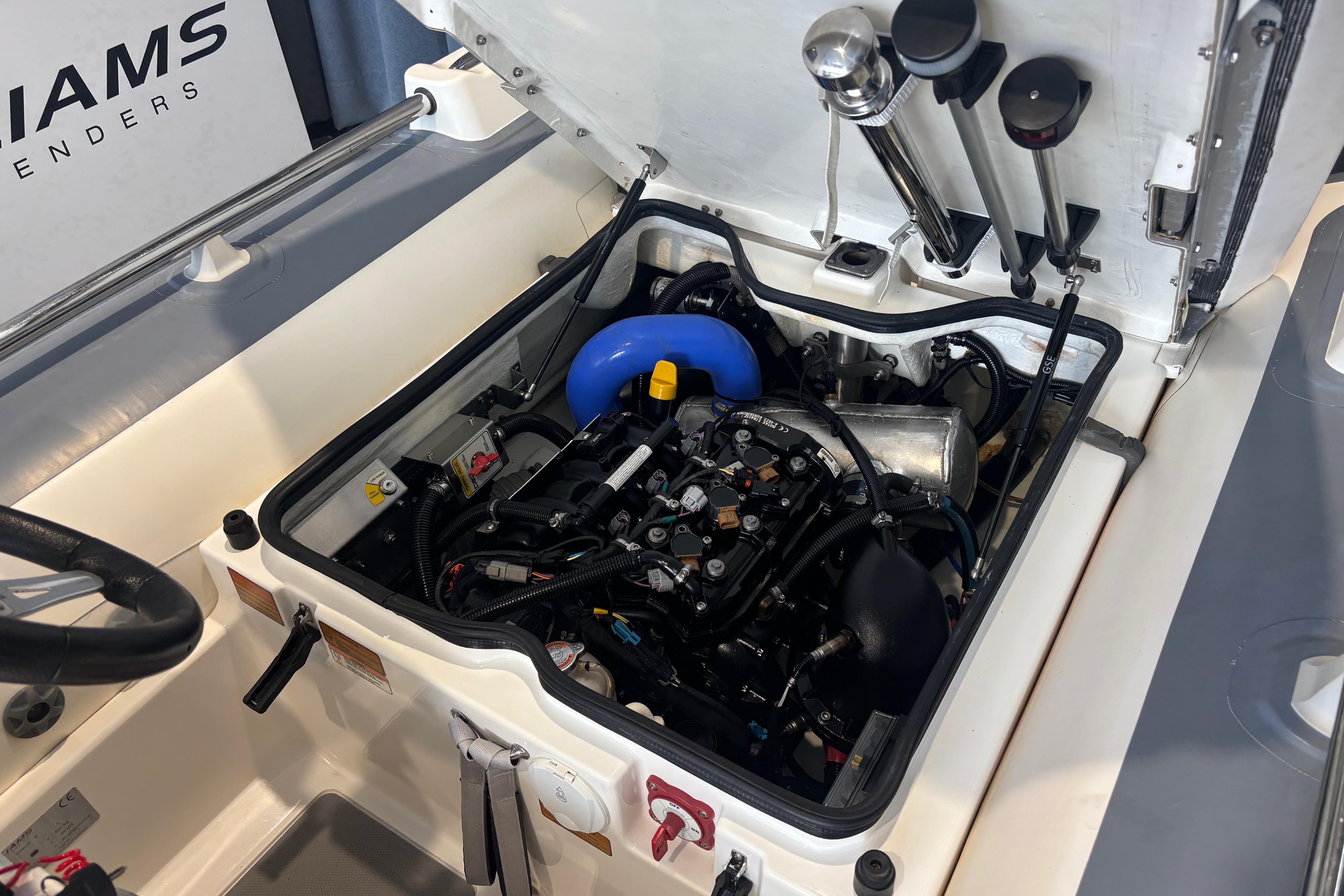 2018 Williams Jet Tenders Sportjet 345 engine compartment with open hatch.