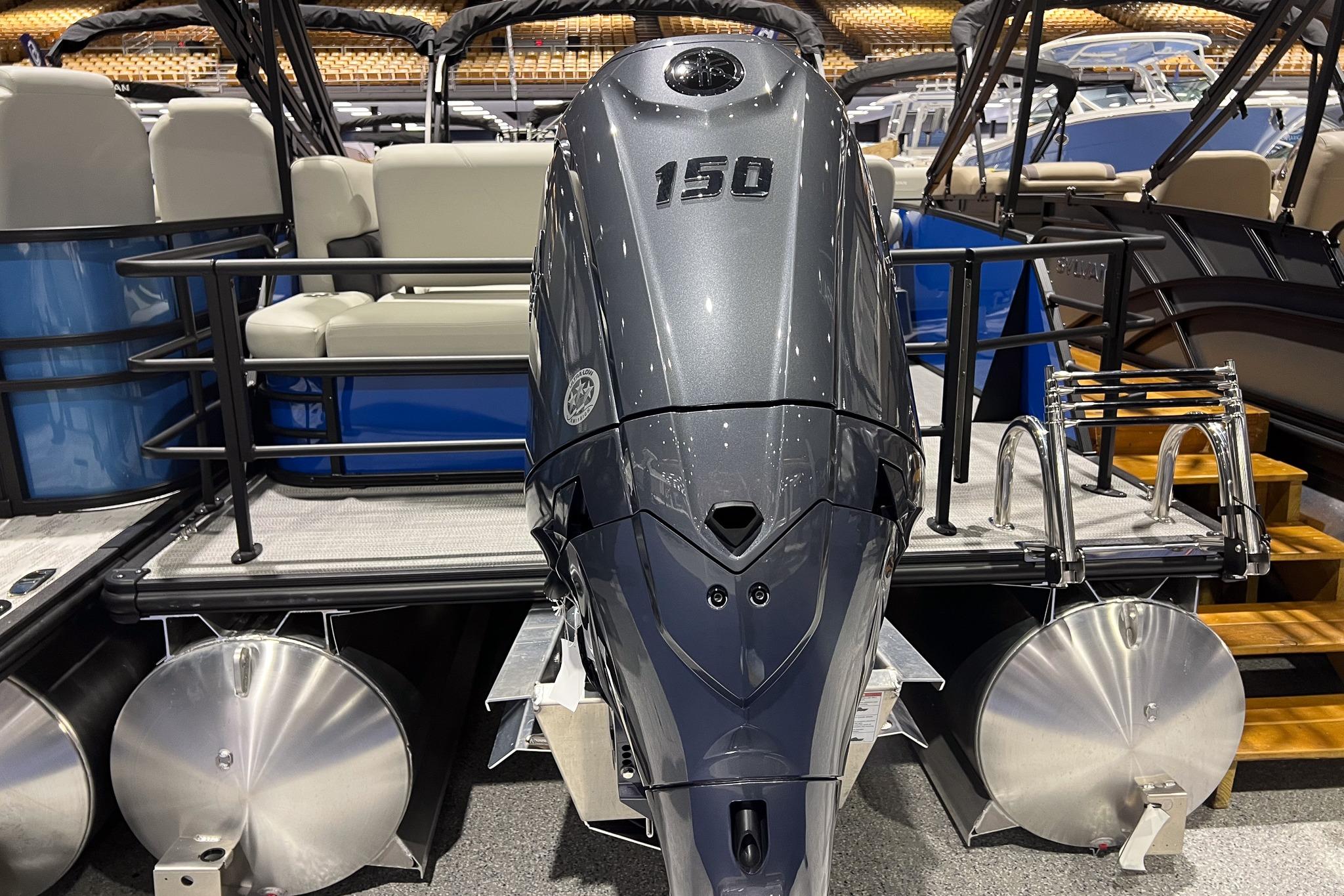 2026 Sylvan Mirage 822 CLZ pontoon boat with powerful 150 HP outboard motor.