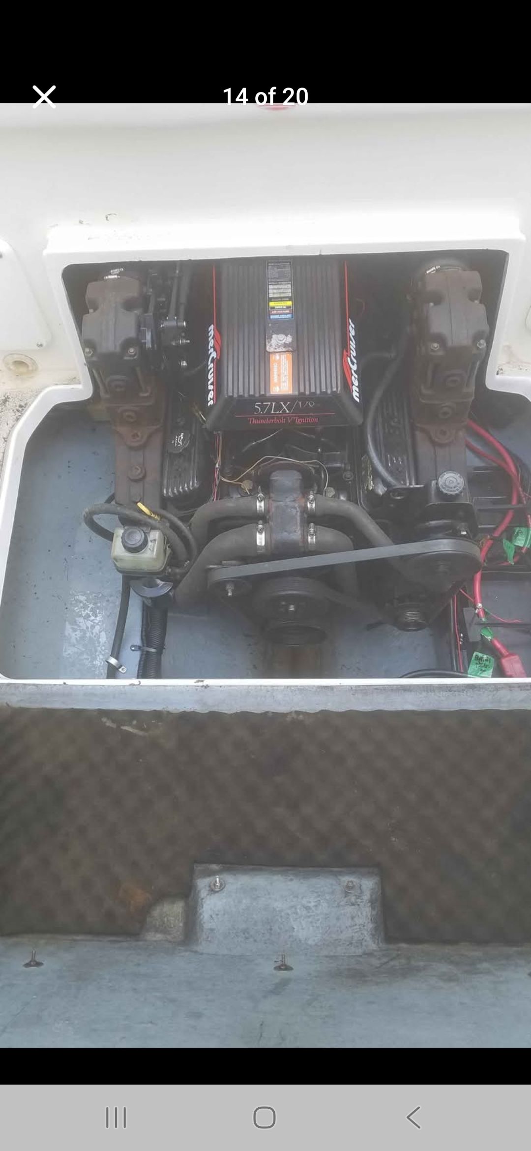 Engine compartment of a 1997 Sea Ray Weekender boat.