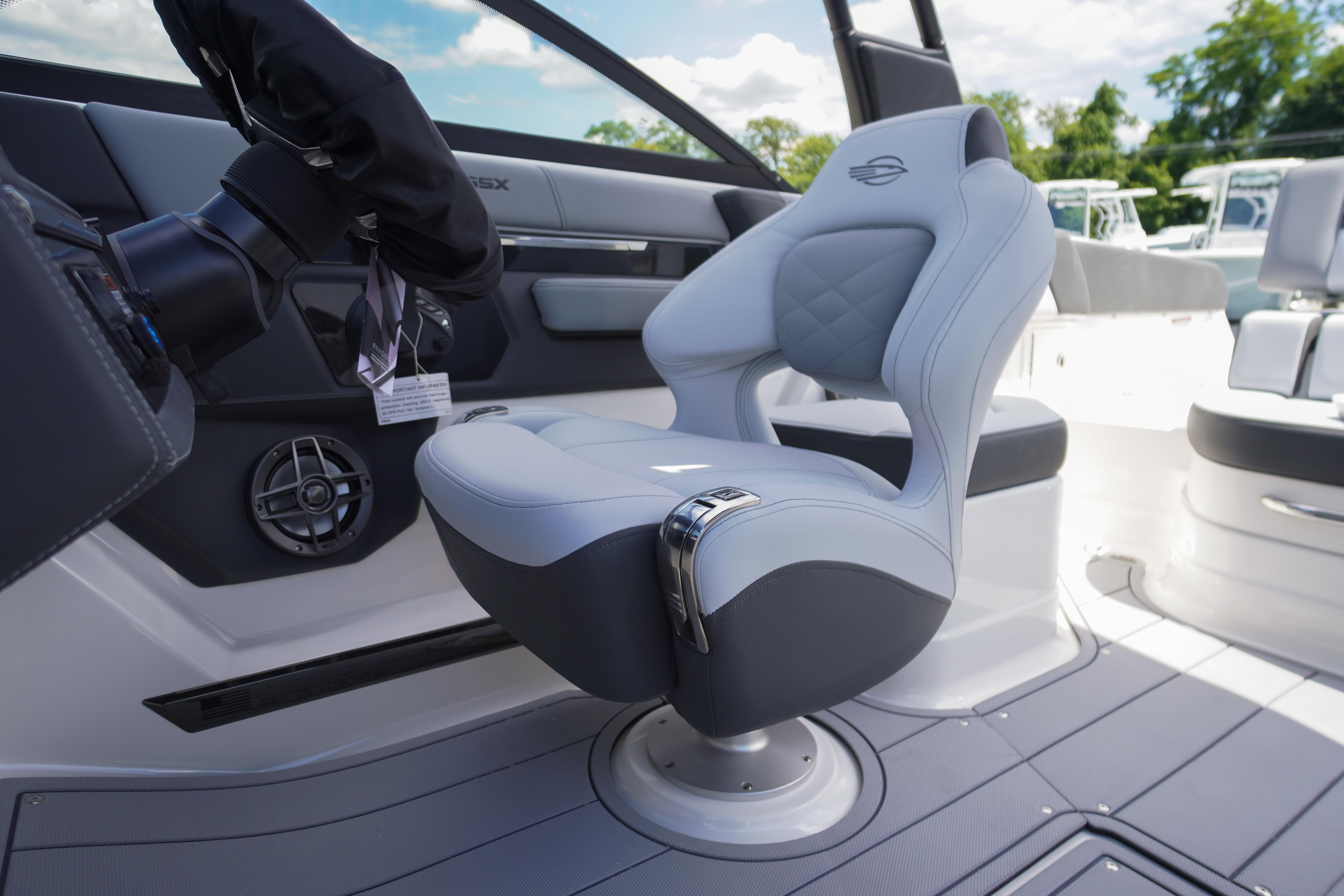 Luxury seating in 2026 Chaparral SSX 4 boat cockpit, featuring modern design and comfort.