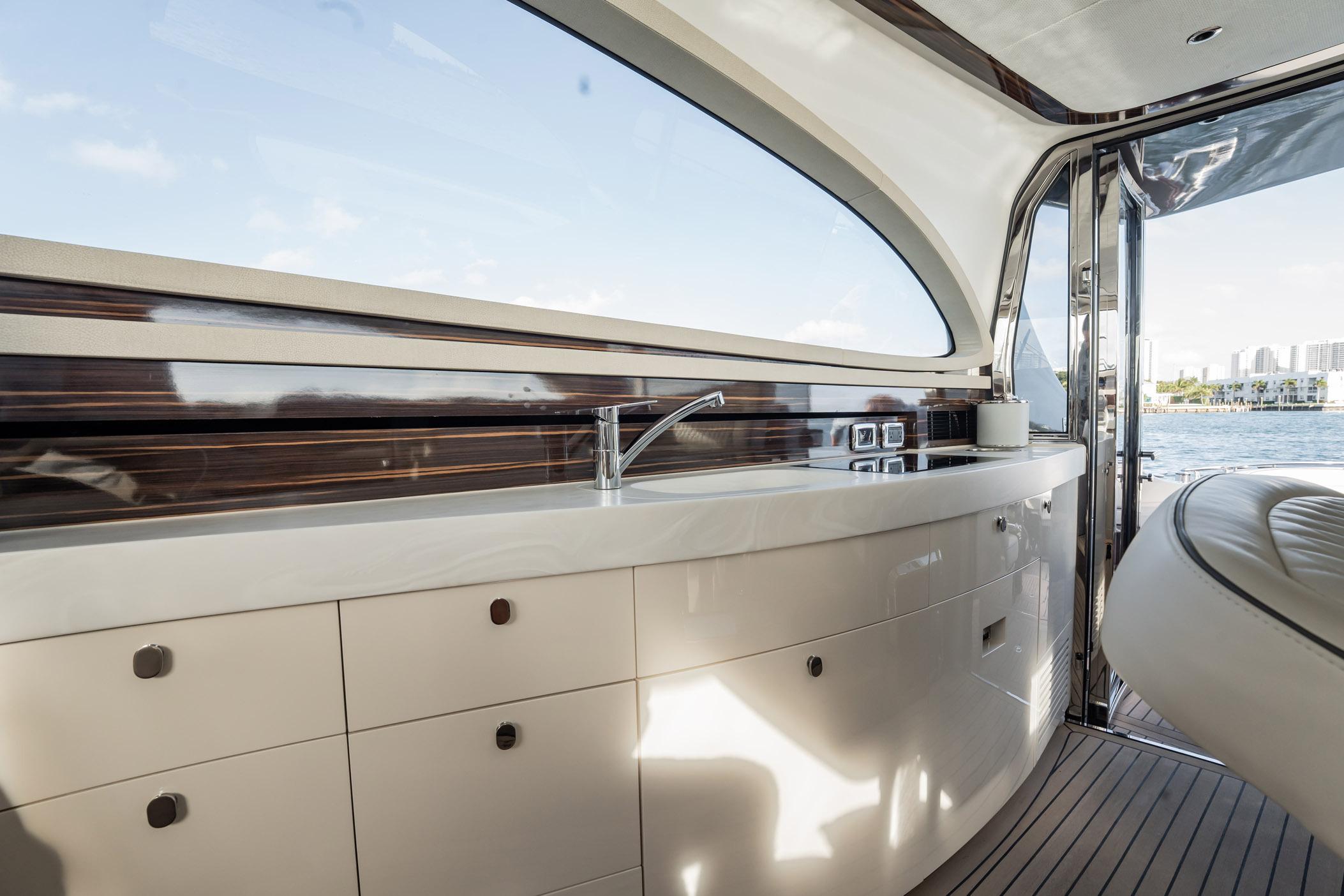 Luxurious interior of 2025 Zeelander Z5 yacht with sleek cabinetry and modern design.