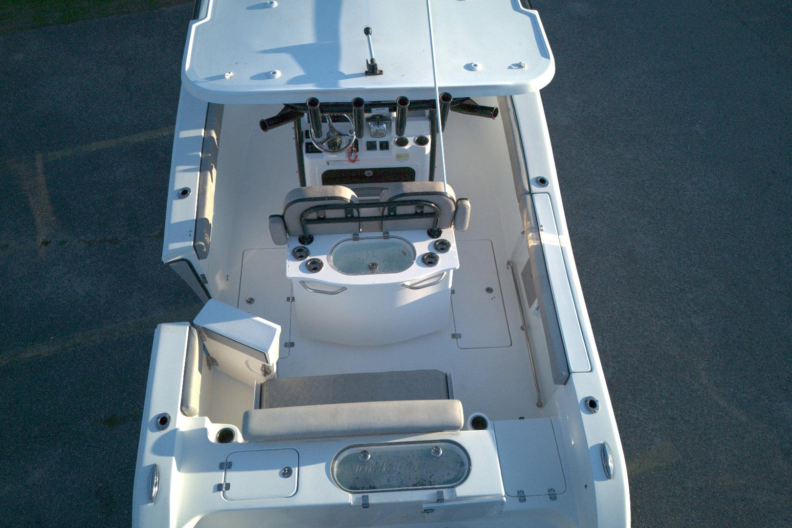 2021 Sea Pro 259 Center Console boat interior, aerial view, showcasing seating and console layout.