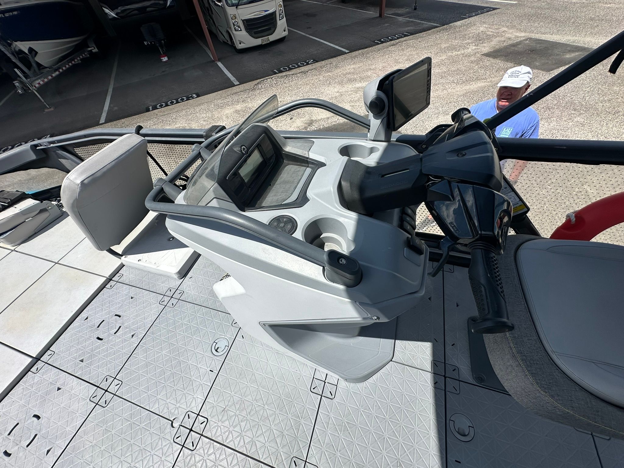 The image shows the cockpit of a 2023 Sea-Doo 21 SWITCH SPORT with modern controls.
