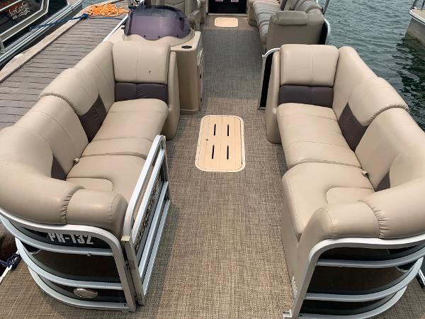 2021 G3 SunCatcher Fusion 325RCX pontoon boat with spacious seating and modern design.
